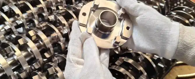 Metal part handled with gloves above a set of industrial components