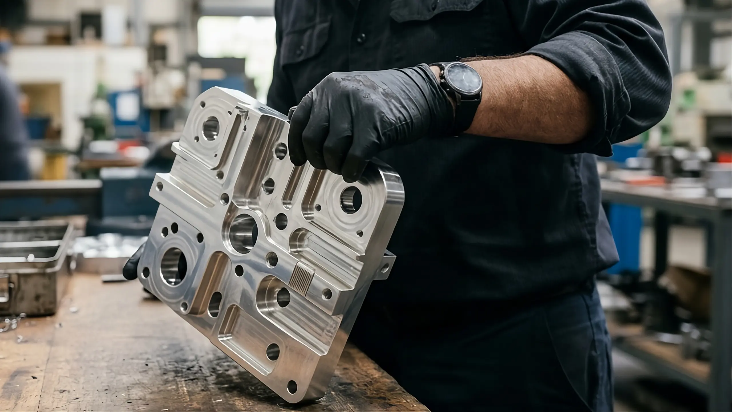 Machined aluminum mechanical part before high-phosphorus electroless nickel plating to improve corrosion and wear resistance.